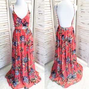 Pink Floral Backless Maxi Dress